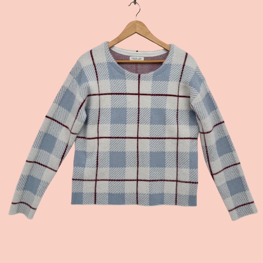 Rachel Zoe Plaid Fuzzy Knit Crewneck Sweater Blue White Burgundy Small